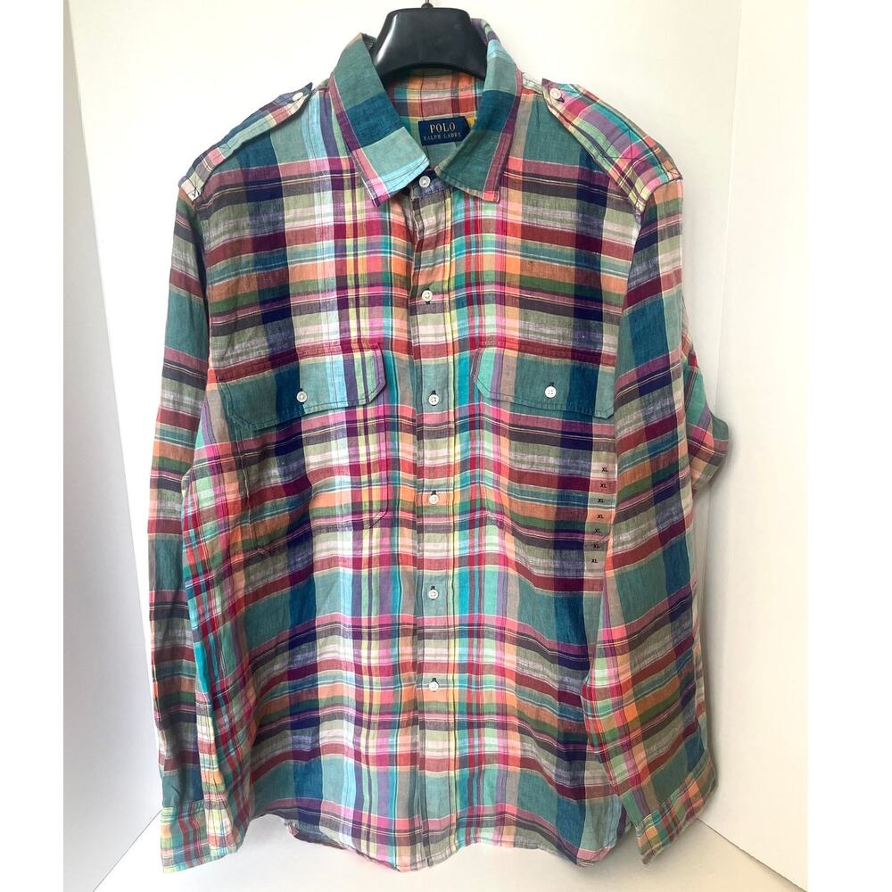 Polo Ralph Lauren Womens Blue Plaid Linen Button-Up Shirt Long Sleeve XL - Picture 2 of 10